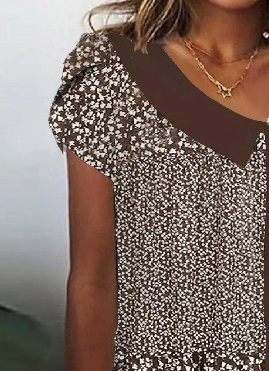 Women's Retro Brown Short Sleeve Top V Neck Floral Print Long Sleeve Blouses 2025 Floral Slant Collar T Shirts
