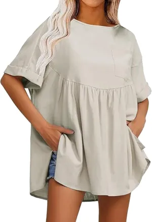 Women's Shirts Casual Mini Ruffle Dress Oversized Short Sleeve Crew Neck Peplum T Shirts Summer Loose Fit Dress with Pockets Beige, Medium