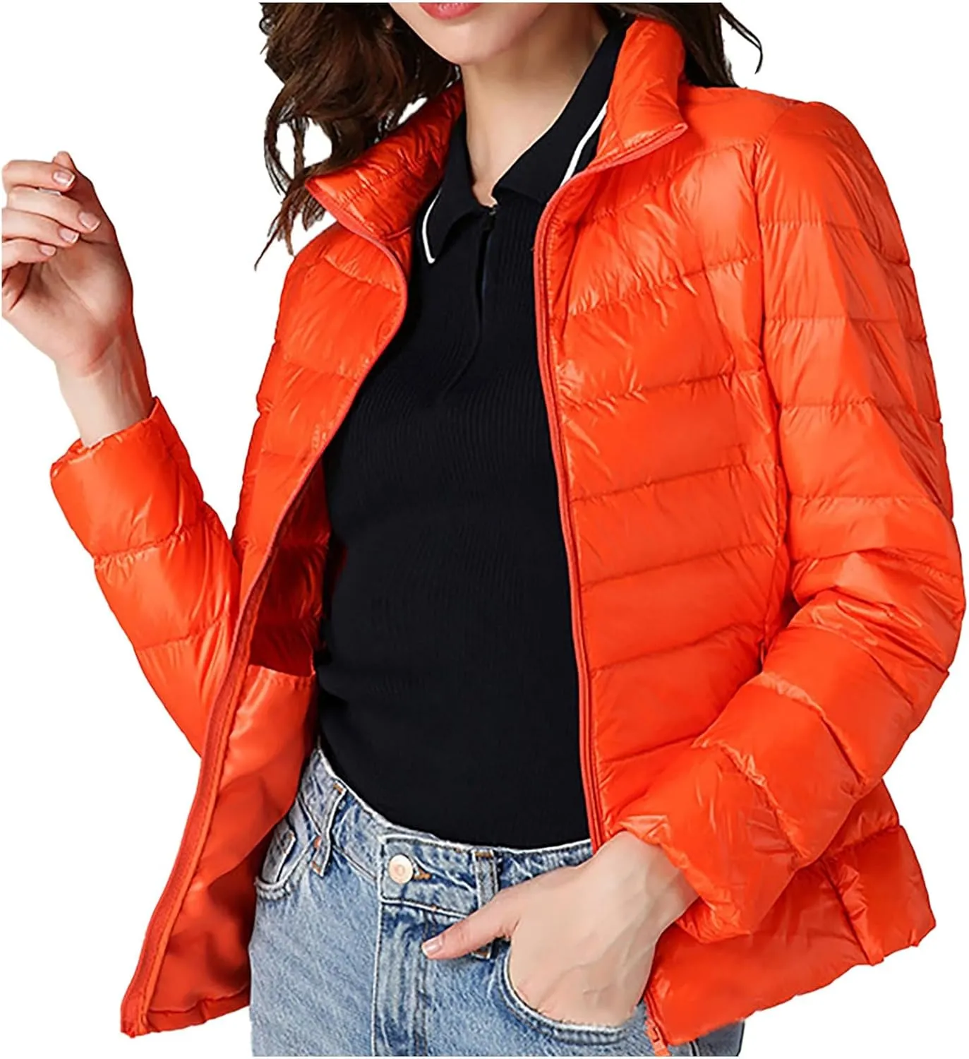 Women's Short Down Jacket Long Sleeve Padded Solid Color Quilted Jacket Winter Thick Thermal Cropped Puffer Jackets