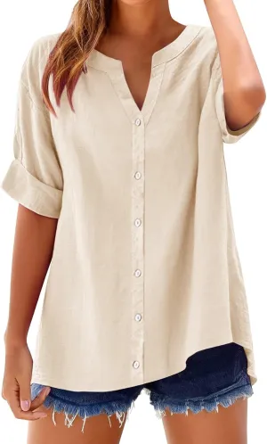 Women's Solid Henley V-Neck Linen Shirt - 2025 Lightweight Summer Beach Top, Short Sleeve Boho Button Front Casual Blouse