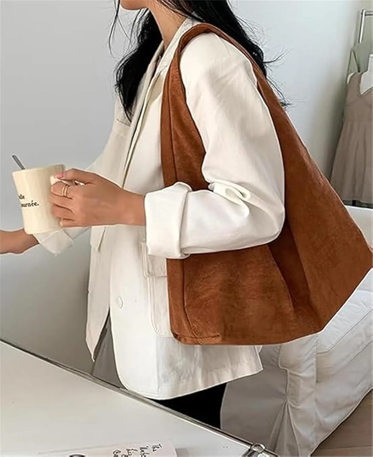 Women's Suede Tote Bag,Winter Retro Hobo Underarm Shoulder Bag for Commuting,Large Capacity Slouchy Purse Work Handbag