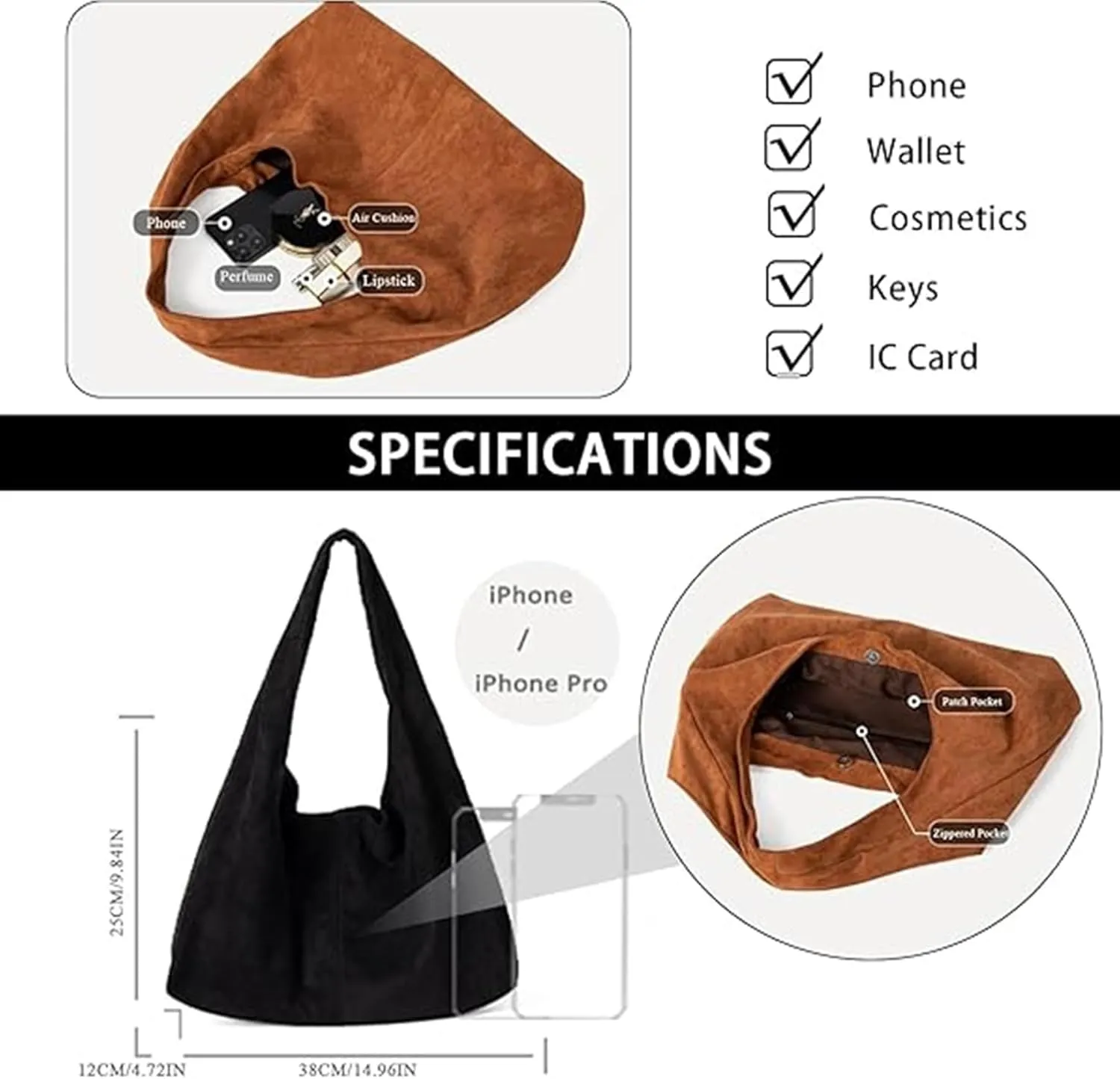 Women's Suede Tote Bag,Winter Retro Hobo Underarm Shoulder Bag for Commuting,Large Capacity Slouchy Purse Work Handbag