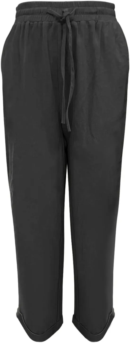 Womens Summer Cotton Linen Lightweight Breathable Lacing Up Elastic Waist Slim Fold Hem Tapered Pants Beach Active Trousers