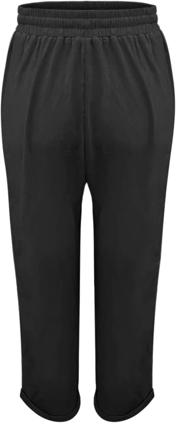 Womens Summer Cotton Linen Lightweight Breathable Lacing Up Elastic Waist Slim Fold Hem Tapered Pants Beach Active Trousers