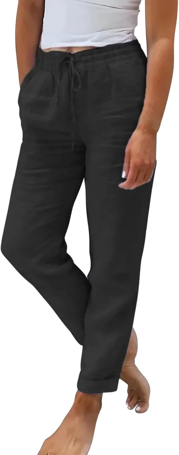 Womens Summer Cotton Linen Lightweight Breathable Lacing Up Elastic Waist Slim Fold Hem Tapered Pants Beach Active Trousers