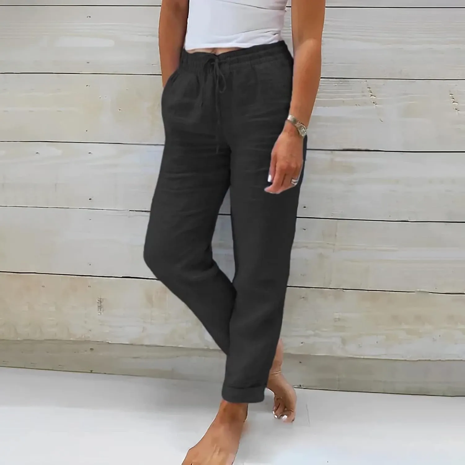 Womens Summer Cotton Linen Lightweight Breathable Lacing Up Elastic Waist Slim Fold Hem Tapered Pants Beach Active Trousers