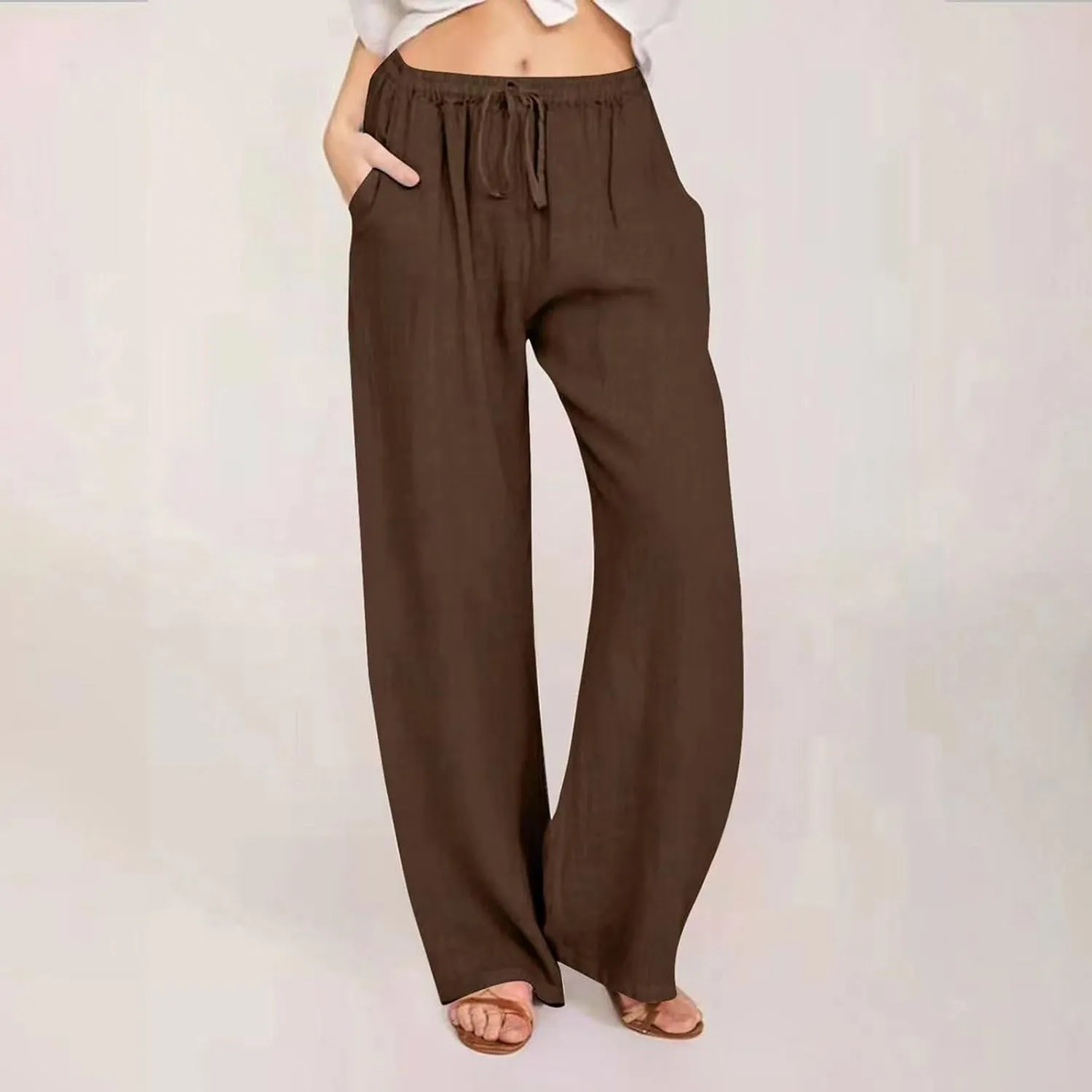 Womens Summer Linen Pants Casual Button up High Waisted Pant Dressy Wide Leg Long Trousers Pant Palazzo Lounge Pants