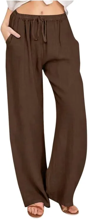 Womens Summer Linen Pants Casual Button up High Waisted Pant Dressy Wide Leg Long Trousers Pant Palazzo Lounge Pants