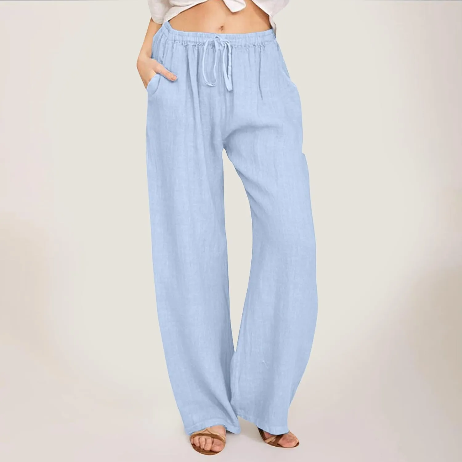 Womens Summer Linen Pants Wide Leg Casual Palazzo Pant Lounge High Waisted Beach Long Trousers Pants with Pockets