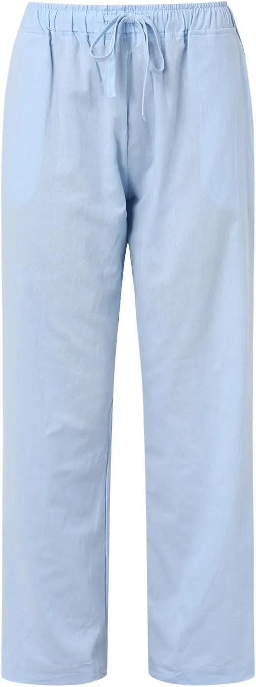 Womens Summer Linen Pants Wide Leg Casual Palazzo Pant Lounge High Waisted Beach Long Trousers Pants with Pockets