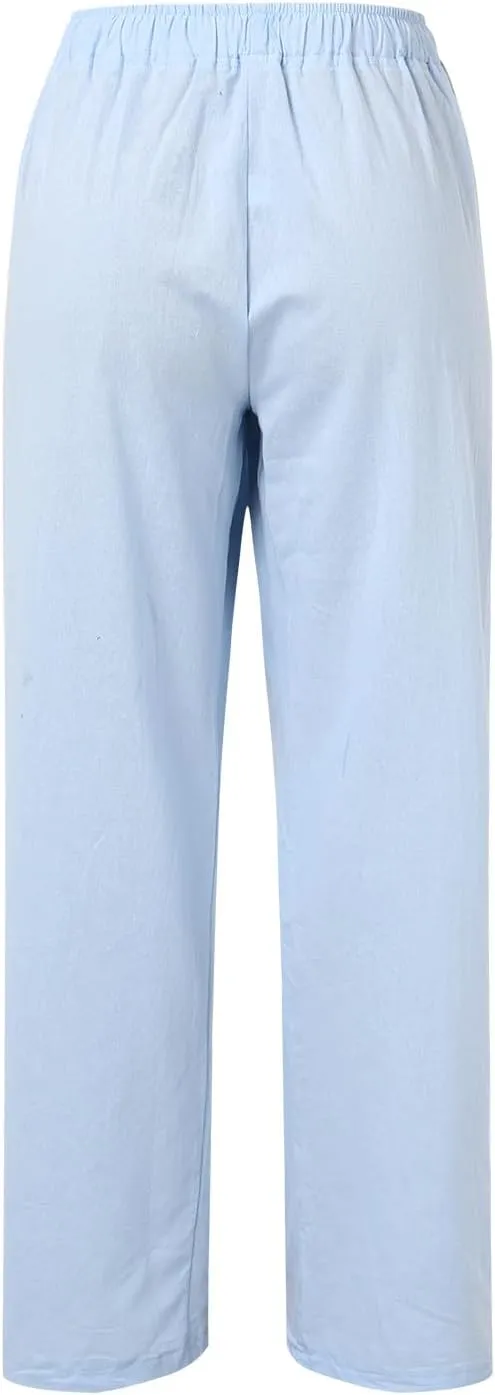 Womens Summer Linen Pants Wide Leg Casual Palazzo Pant Lounge High Waisted Beach Long Trousers Pants with Pockets