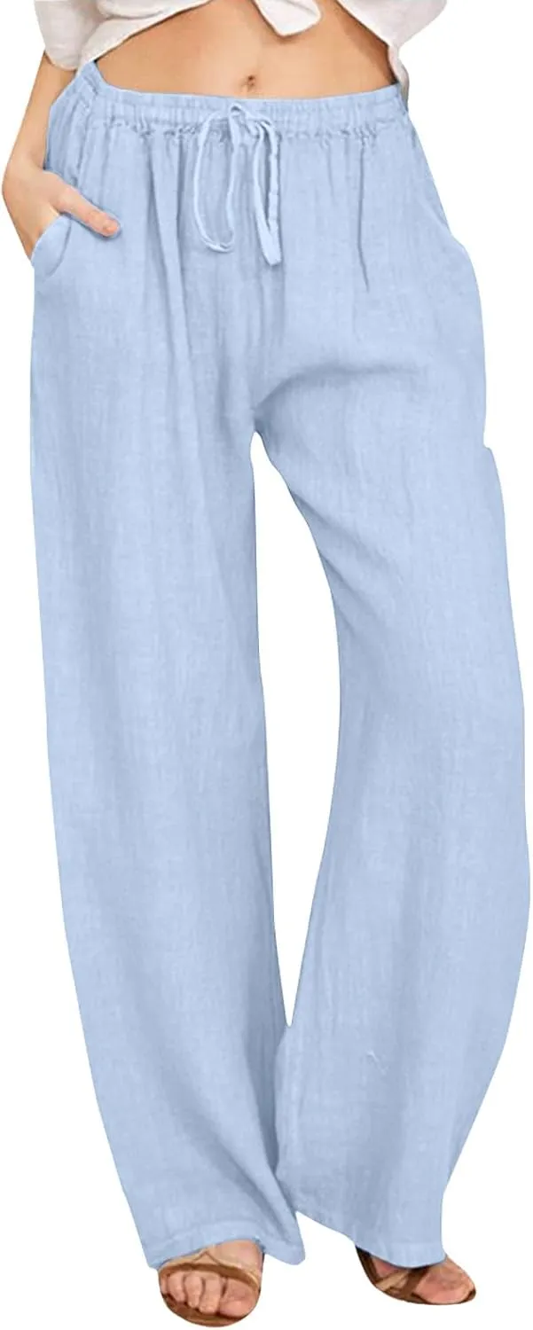 Womens Summer Linen Pants Wide Leg Casual Palazzo Pant Lounge High Waisted Beach Long Trousers Pants with Pockets