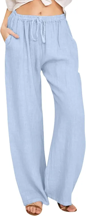 Womens Summer Linen Pants Wide Leg Casual Palazzo Pant Lounge High Waisted Beach Long Trousers Pants with Pockets