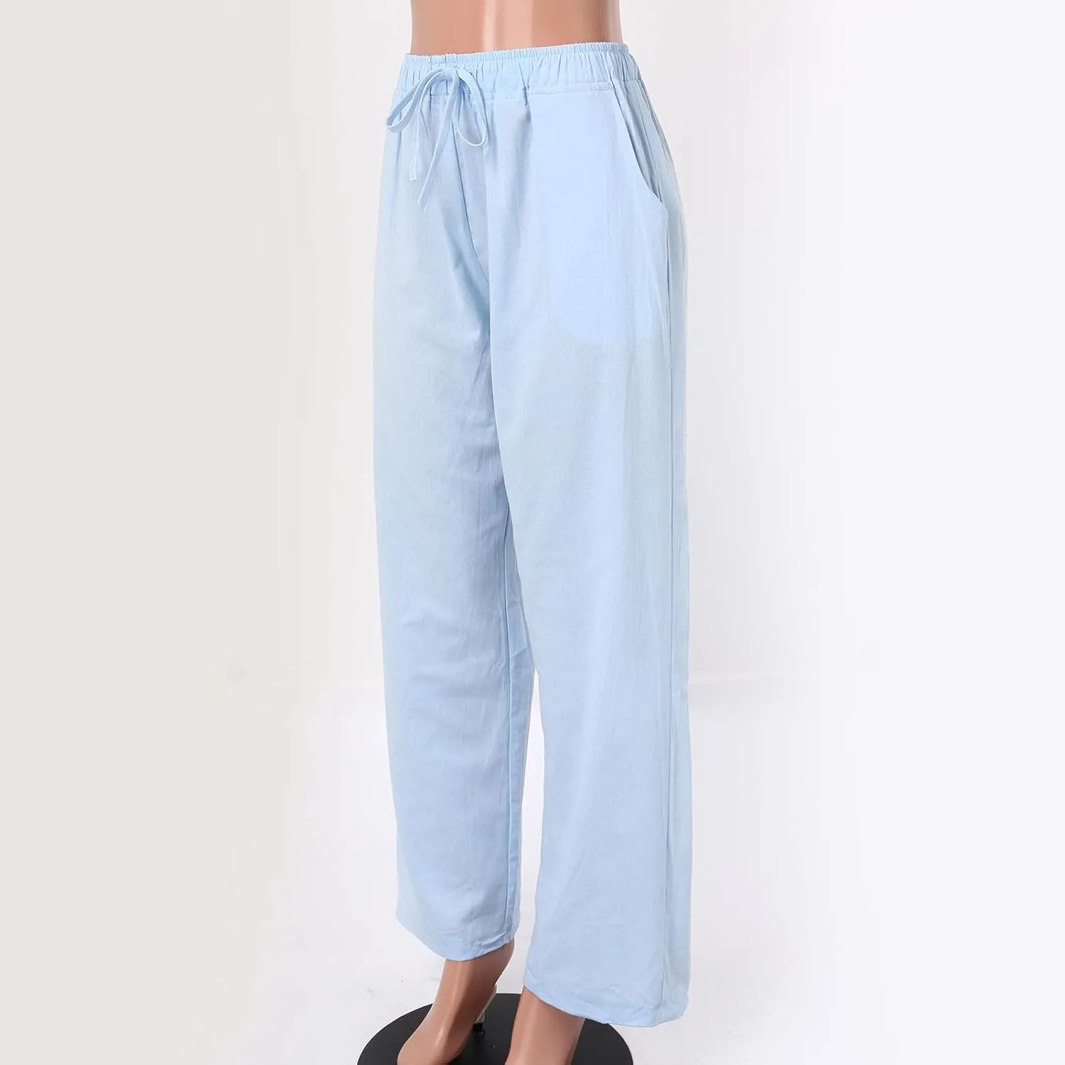 Womens Summer Linen Pants Wide Leg Casual Palazzo Pant Lounge High Waisted Beach Long Trousers Pants with Pockets