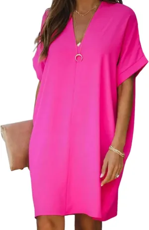 Women's Summer Plain Shift Mini Dress Short Sleeve V-Neck Loose Fit Flowy Casual Beach Vacation Sundress