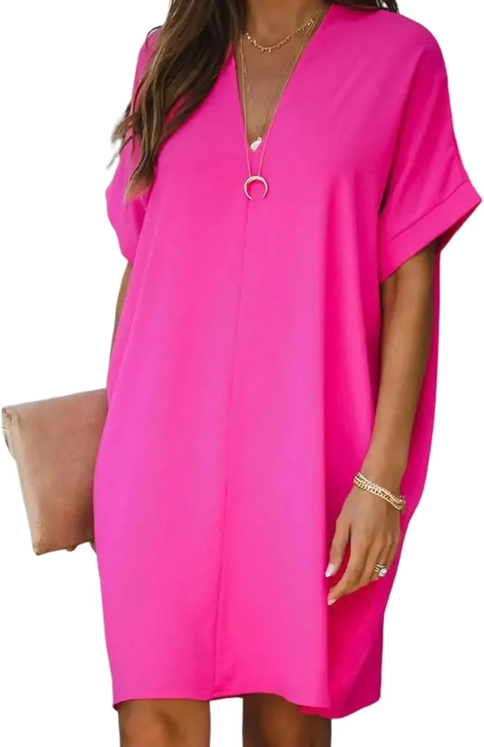 Women's Summer Plain Shift Mini Dress Short Sleeve V-Neck Loose Fit Flowy Casual Beach Vacation Sundress