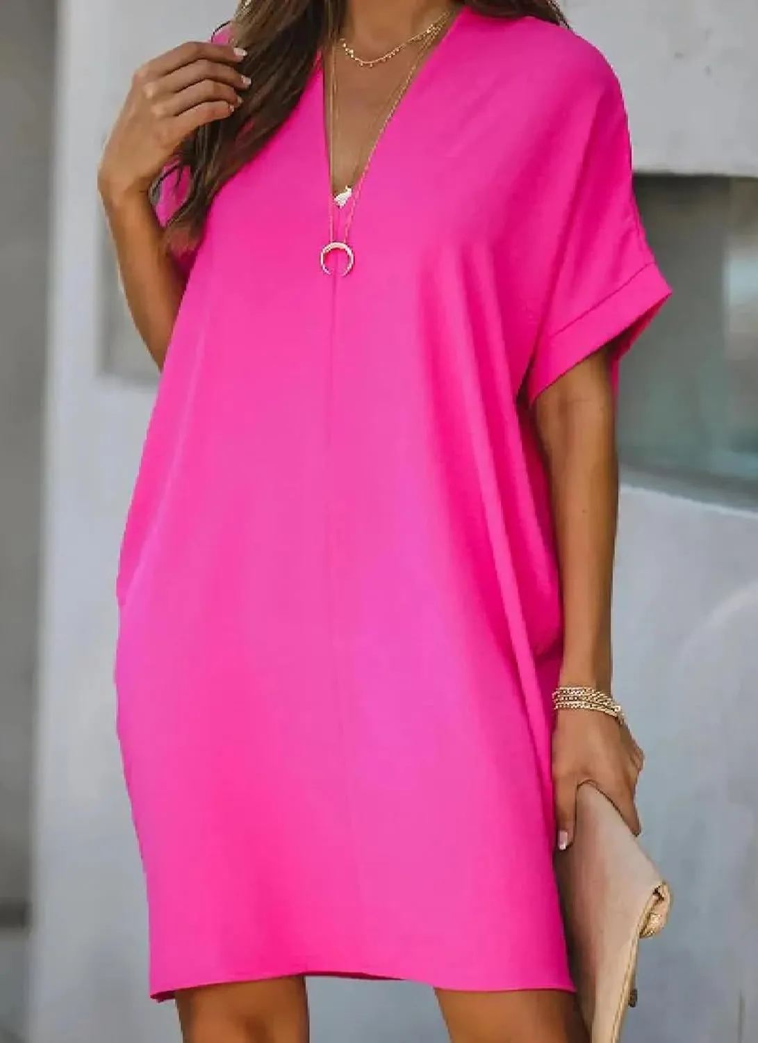 Women's Summer Plain Shift Mini Dress Short Sleeve V-Neck Loose Fit Flowy Casual Beach Vacation Sundress