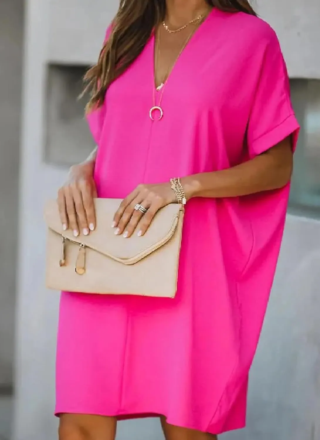 Women's Summer Plain Shift Mini Dress Short Sleeve V-Neck Loose Fit Flowy Casual Beach Vacation Sundress
