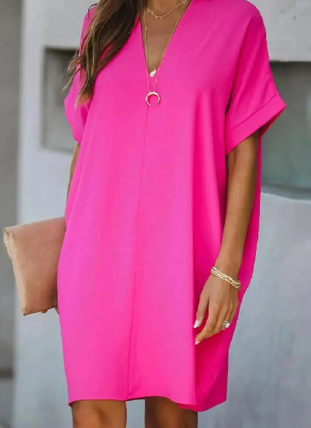 Women's Summer Plain Shift Mini Dress Short Sleeve V-Neck Loose Fit Flowy Casual Beach Vacation Sundress