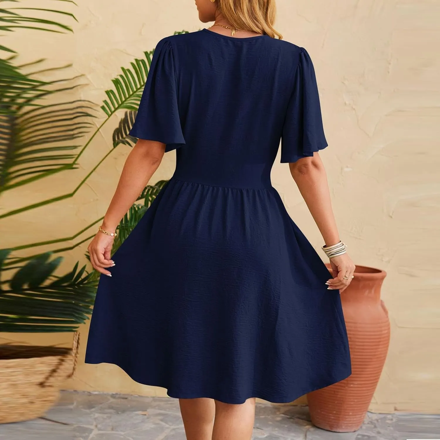 Women's Summer Ruched Wrap Dress Short Flare Sleeve V Neck Dresses Casual Midi Sundresses Lightweight Flowy Dress
