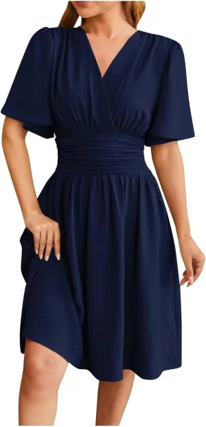 Women's Summer Ruched Wrap Dress Short Flare Sleeve V Neck Dresses Casual Midi Sundresses Lightweight Flowy Dress