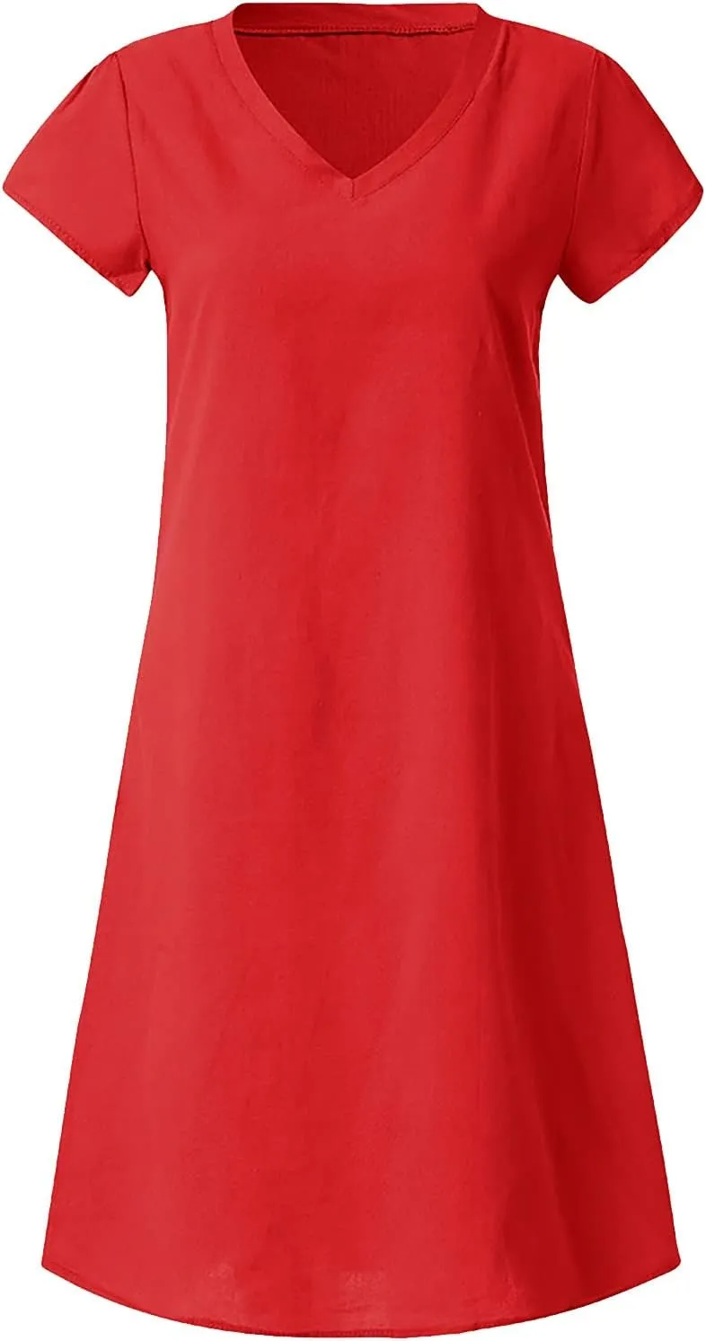 Women's Summer Solid Tshirt Dresses Short Sleeve 2025 Beach Sun Dresses Trendy V Neck T Shirt Dress Bridesmaid Spring