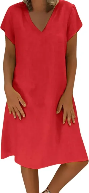 Women's Summer Solid Tshirt Dresses Short Sleeve 2025 Beach Sun Dresses Trendy V Neck T Shirt Dress Bridesmaid Spring