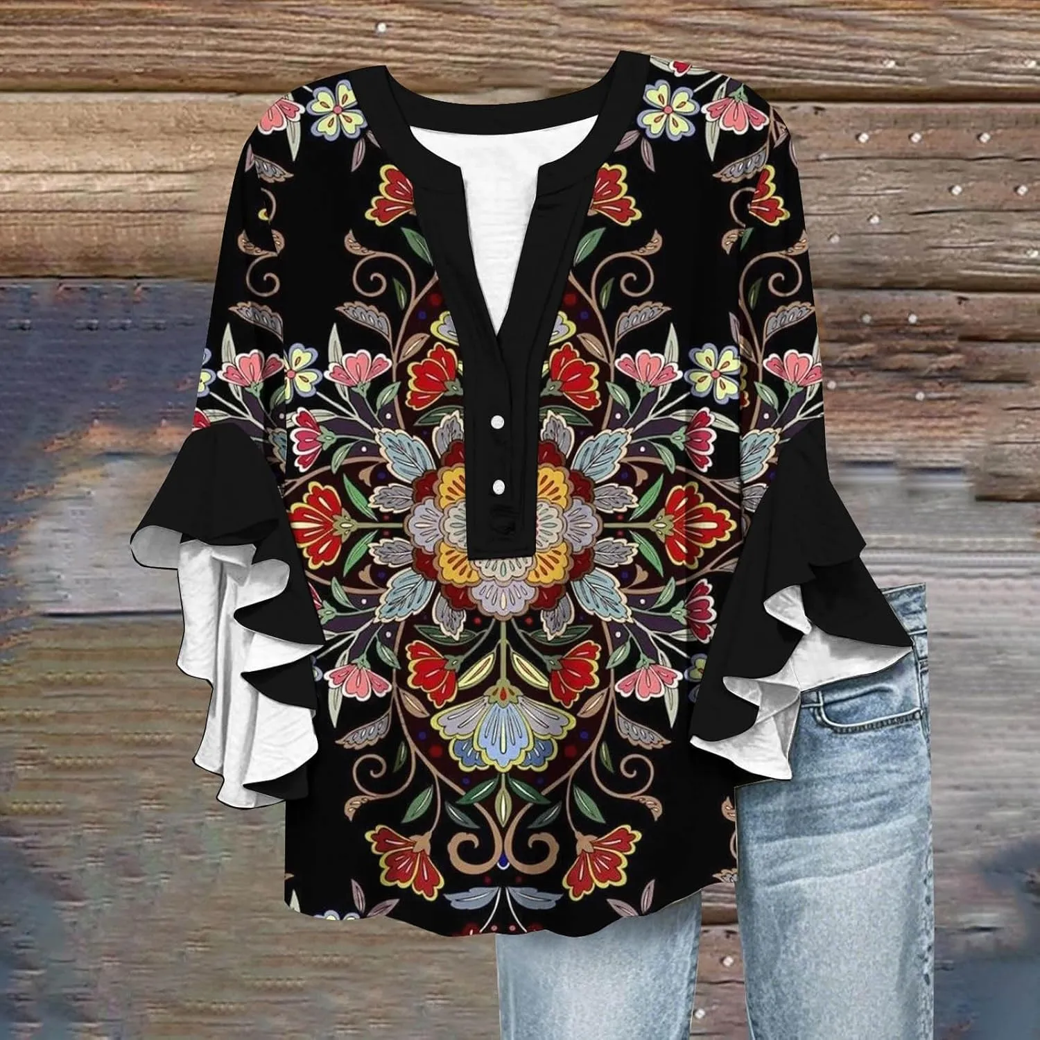 Womens Summer Tops Henley V Neck Casual Loose Fit Dressy 3/4 Length Sleeve Floral Shirts Flowy Ruffle Sleeve Blouses