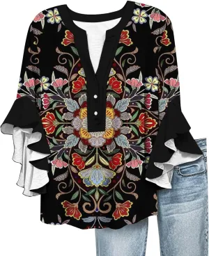 Womens Summer Tops Henley V Neck Casual Loose Fit Dressy 3/4 Length Sleeve Floral Shirts Flowy Ruffle Sleeve Blouses