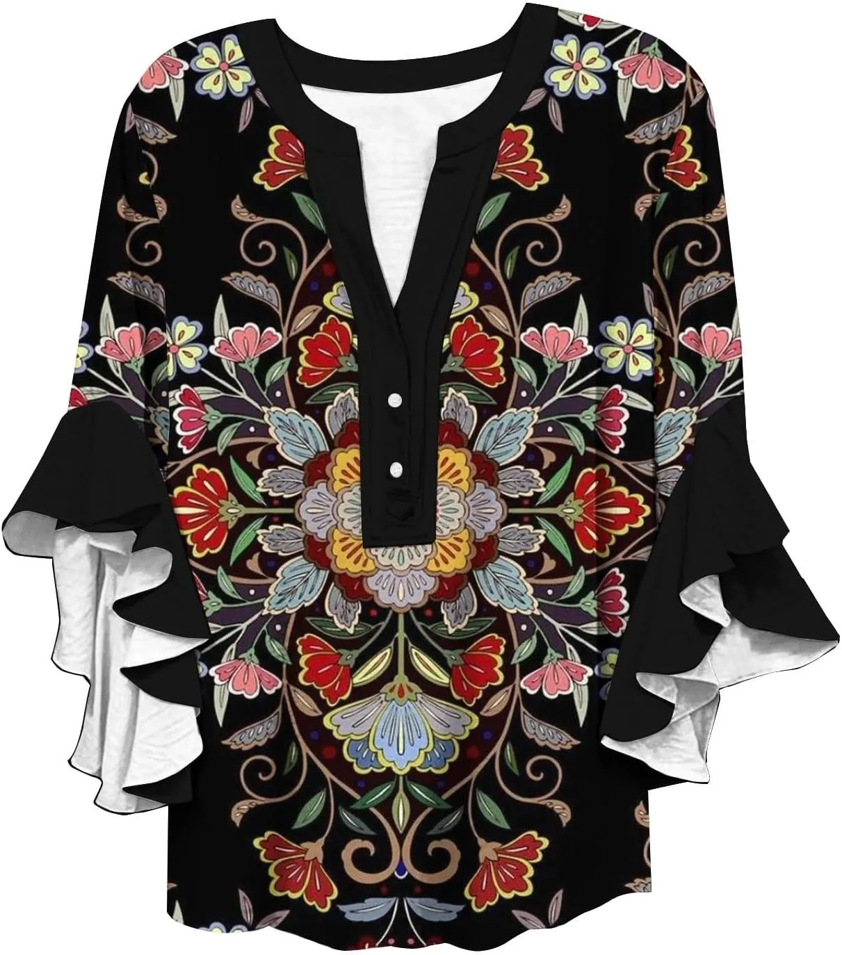 Womens Summer Tops Henley V Neck Casual Loose Fit Dressy 3/4 Length Sleeve Floral Shirts Flowy Ruffle Sleeve Blouses