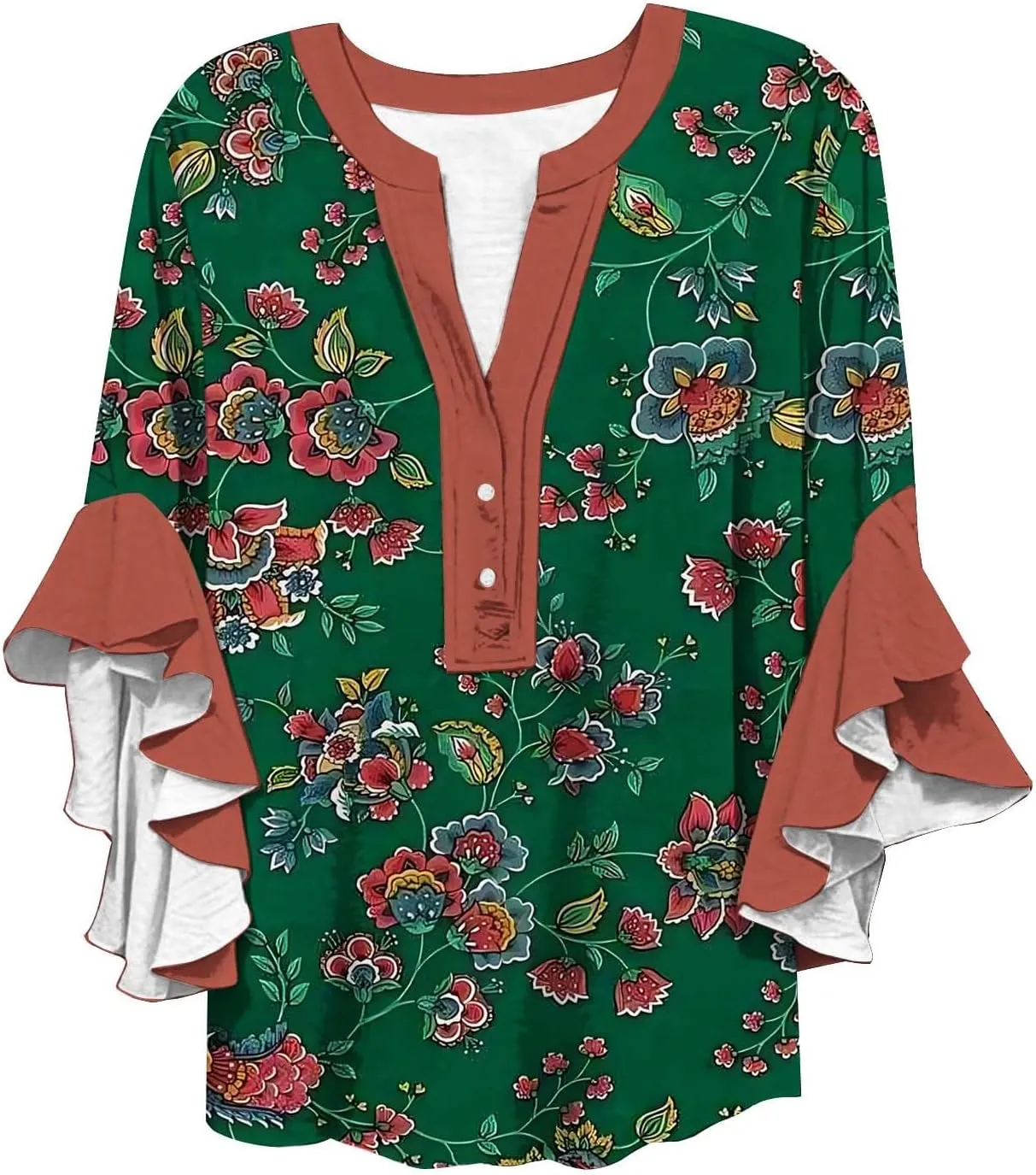 Womens Summer Tops Henley V Neck Casual Loose Fit Dressy 3/4 Length Sleeve Floral Shirts Flowy Ruffle Sleeve Blouses