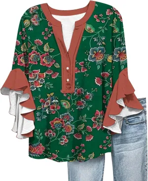 Womens Summer Tops Henley V Neck Casual Loose Fit Dressy 3/4 Length Sleeve Floral Shirts Flowy Ruffle Sleeve Blouses