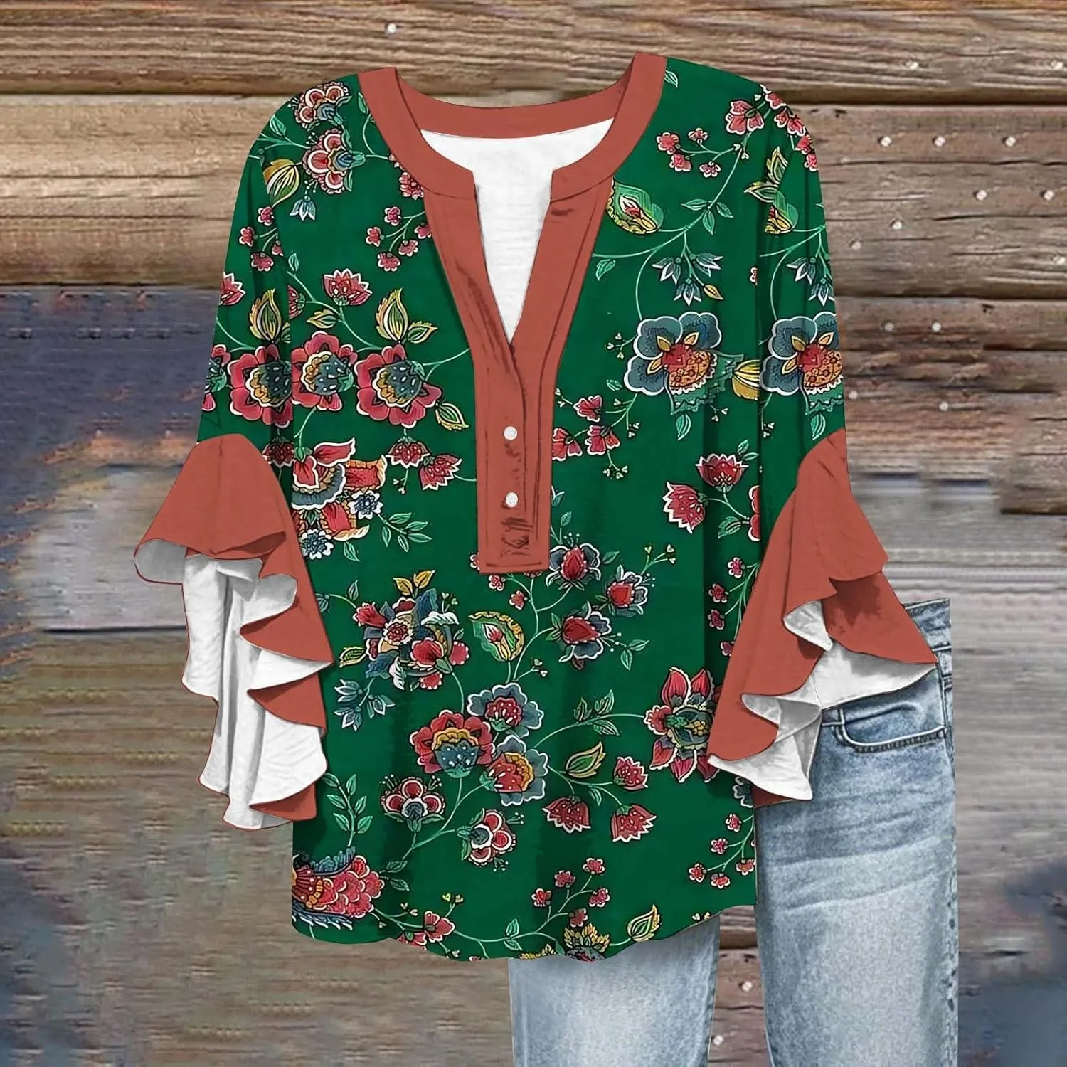 Womens Summer Tops Henley V Neck Casual Loose Fit Dressy 3/4 Length Sleeve Floral Shirts Flowy Ruffle Sleeve Blouses