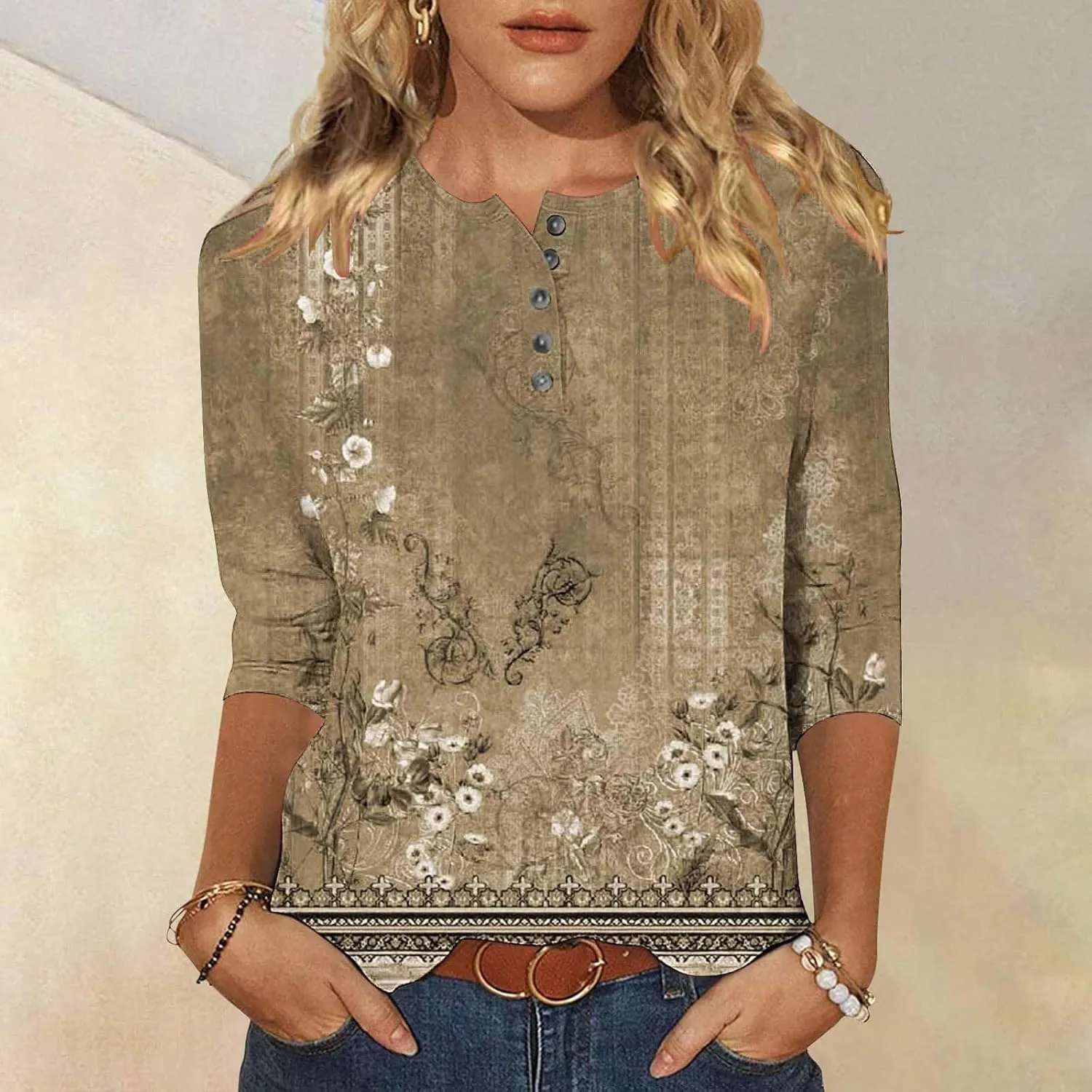 Womens Tops Casual 3/4 Sleeve Shirts Button Down V Neck Tunic Tshirts Summer Vintage Floral Print Henley Blouses Tee