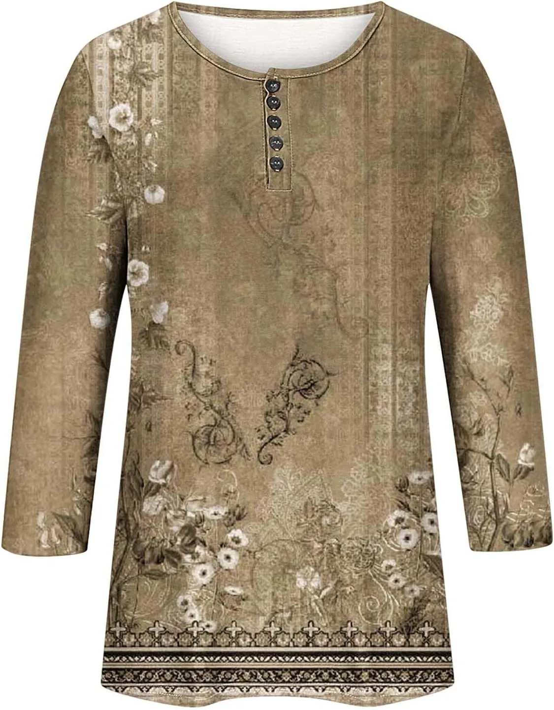 Womens Tops Casual 3/4 Sleeve Shirts Button Down V Neck Tunic Tshirts Summer Vintage Floral Print Henley Blouses Tee