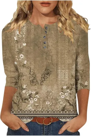 Womens Tops Casual 3/4 Sleeve Shirts Button Down V Neck Tunic Tshirts Summer Vintage Floral Print Henley Blouses Tee