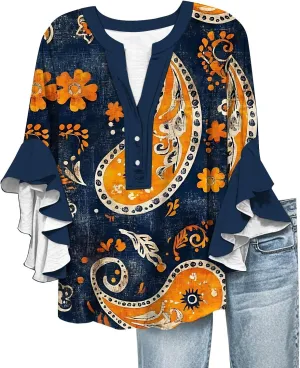 Womens Tops Casual Plus Size V Neck 3/4 Sleeve Summer Flowy Ruffle Sleeve Half Button Down Shirts Floral Print Blouses