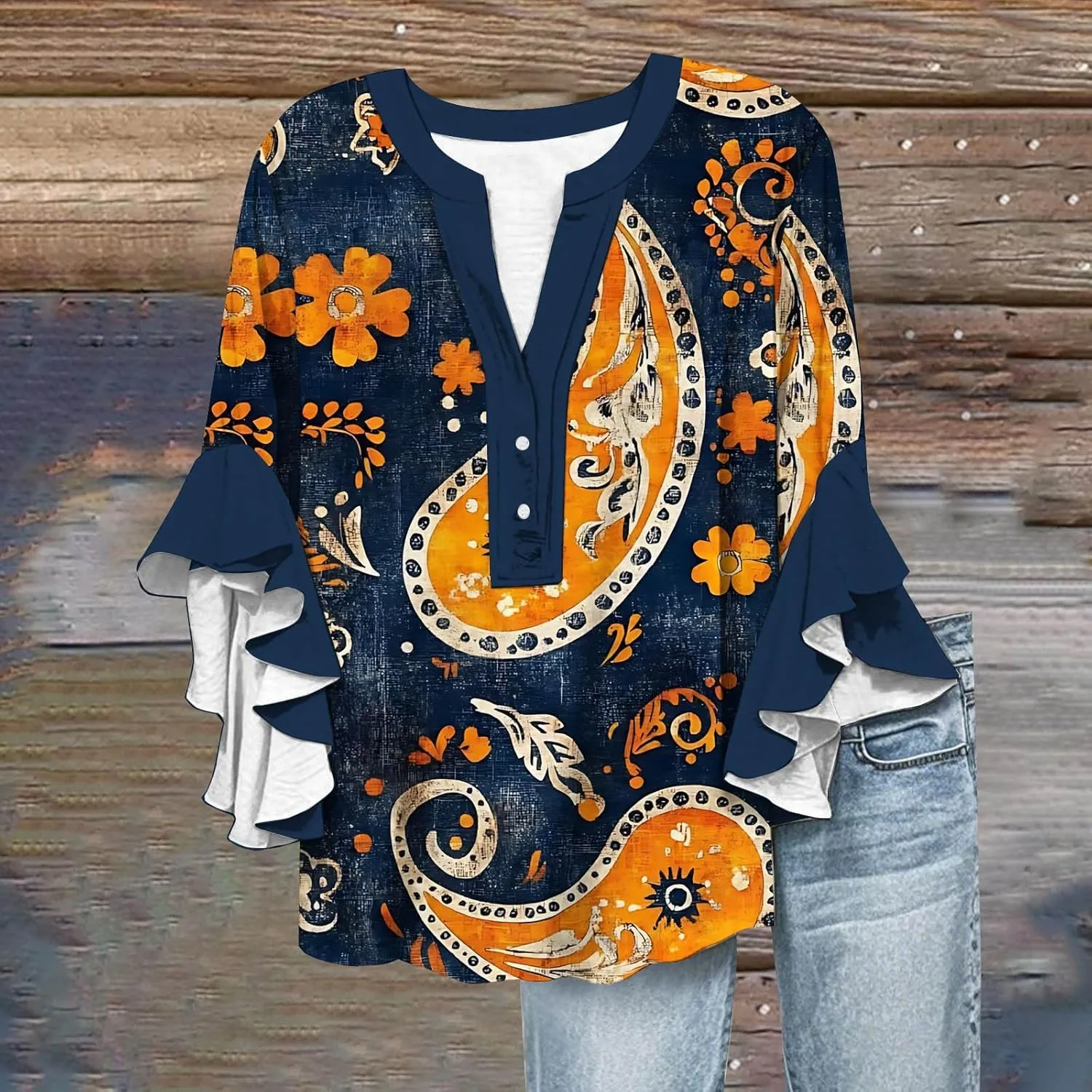 Womens Tops Casual Plus Size V Neck 3/4 Sleeve Summer Flowy Ruffle Sleeve Half Button Down Shirts Floral Print Blouses