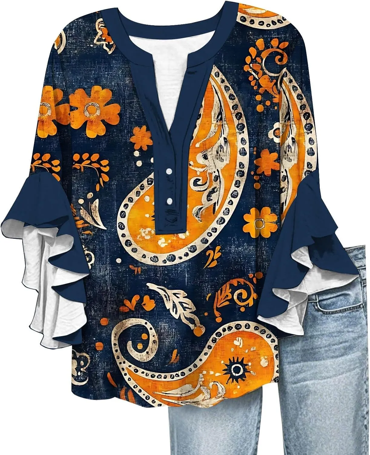 Womens Tops Casual Plus Size V Neck 3/4 Sleeve Summer Flowy Ruffle Sleeve Half Button Down Shirts Floral Print Blouses