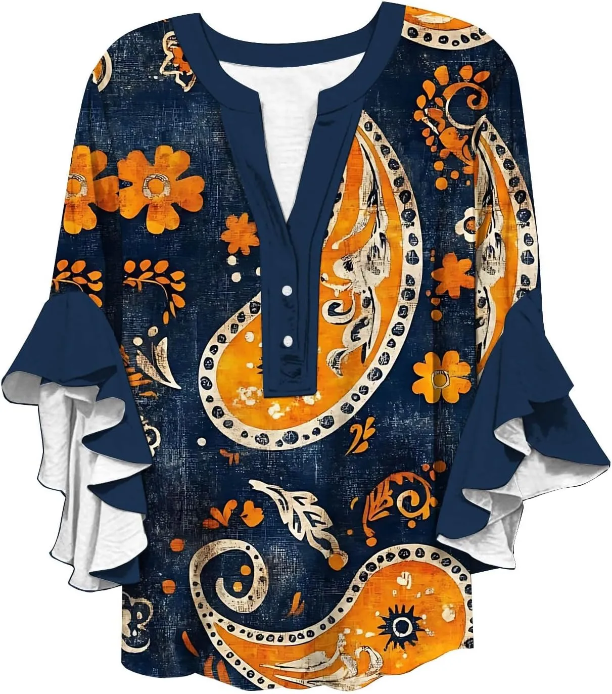 Womens Tops Casual Plus Size V Neck 3/4 Sleeve Summer Flowy Ruffle Sleeve Half Button Down Shirts Floral Print Blouses