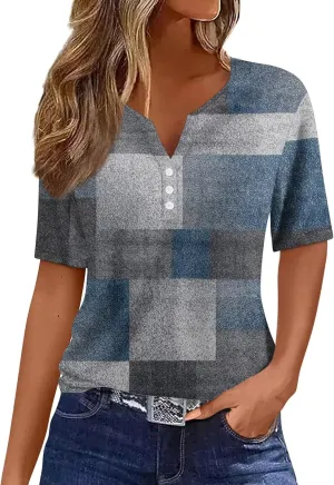 Womens Tshirts V Neck Short Sleeve Buttons Tops Tee Color Block Blouse Loose Fit