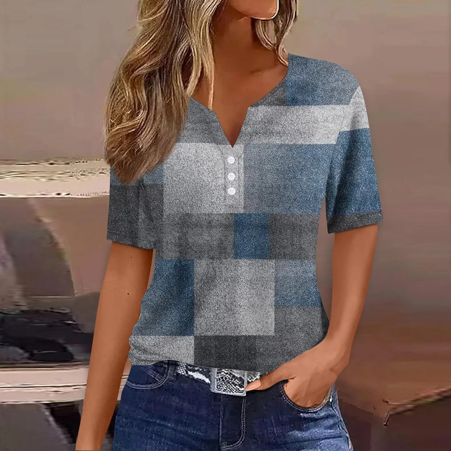 Womens Tshirts V Neck Short Sleeve Buttons Tops Tee Color Block Blouse Loose Fit