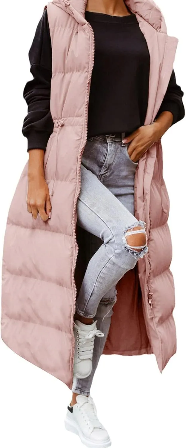 Women's Vest Coat Casual Sleeveless Oversized Long Jackets Solid Color Zip Up Down Jacket Quilted Outdoor Fleece Coat