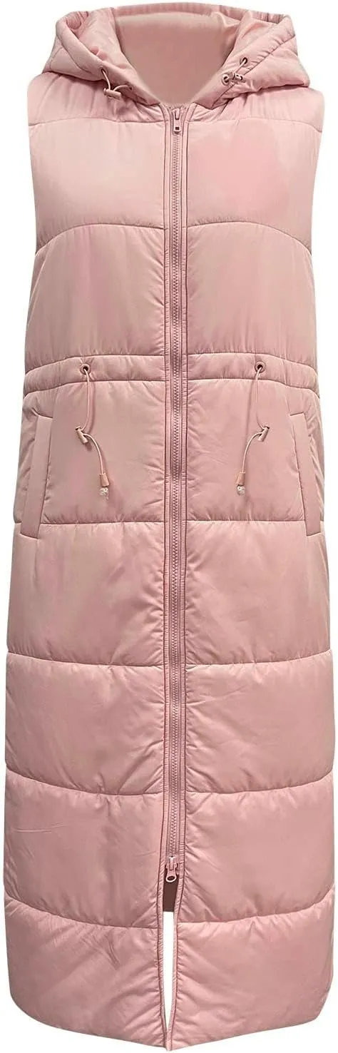 Women's Vest Coat Casual Sleeveless Oversized Long Jackets Solid Color Zip Up Down Jacket Quilted Outdoor Fleece Coat