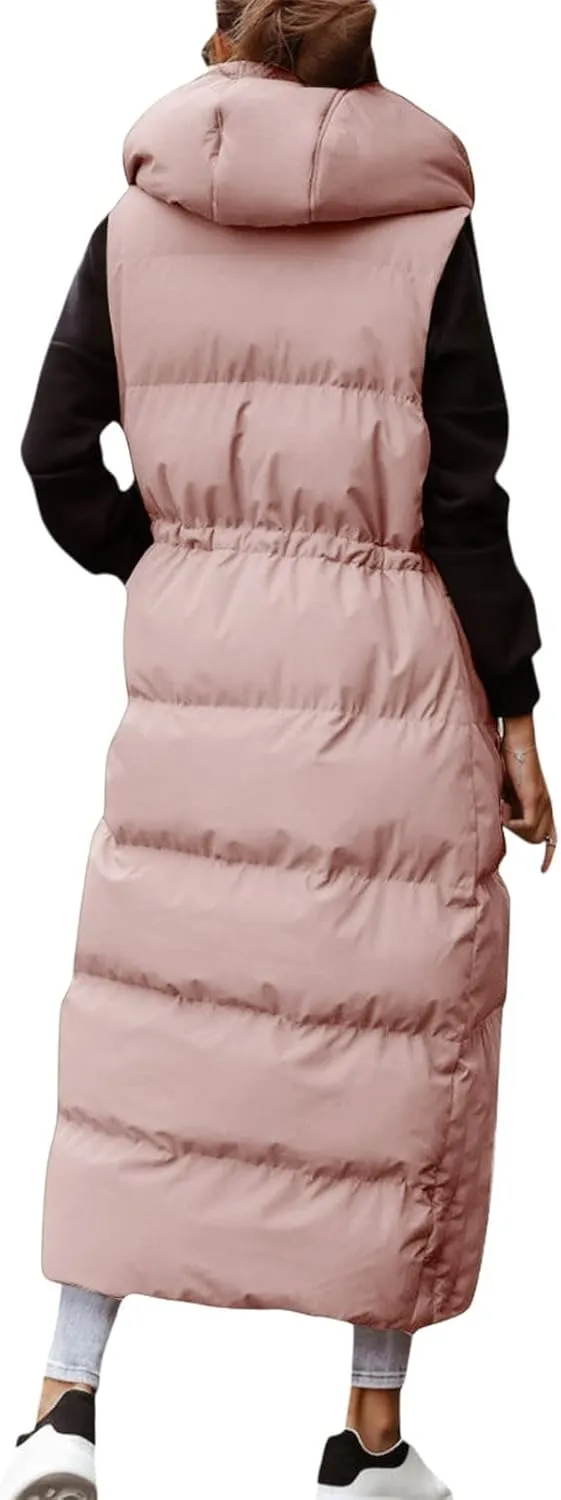 Women's Vest Coat Casual Sleeveless Oversized Long Jackets Solid Color Zip Up Down Jacket Quilted Outdoor Fleece Coat