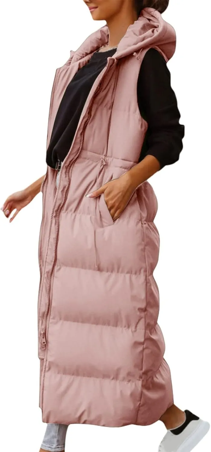 Women's Vest Coat Casual Sleeveless Oversized Long Jackets Solid Color Zip Up Down Jacket Quilted Outdoor Fleece Coat