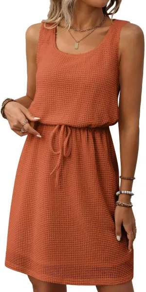 Womens Waffle Knit Sleeveless Vest Dresses Square Neck Drawstring Solid Color Summer Casual Sundress Beach Cover Ups