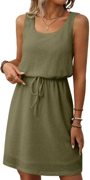 Womens Waffle Knit Sleeveless Vest Dresses Square Neck Drawstring Solid Color Summer Casual Sundress Beach Cover Ups