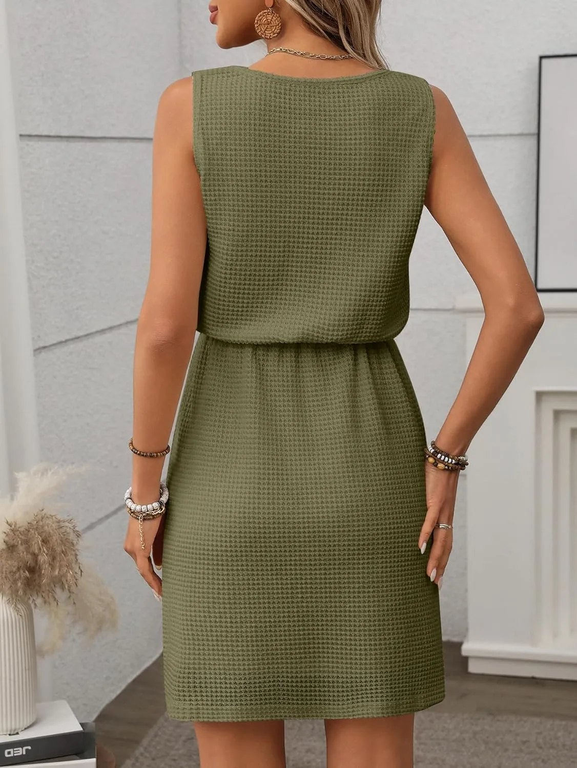 Womens Waffle Knit Sleeveless Vest Dresses Square Neck Drawstring Solid Color Summer Casual Sundress Beach Cover Ups