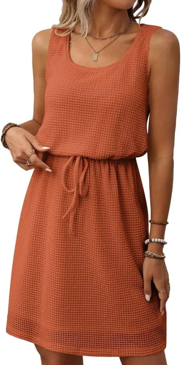 Womens Waffle Knit Sleeveless Vest Dresses Square Neck Drawstring Solid Color Summer Casual Sundress Beach Cover Ups